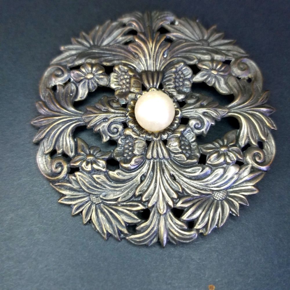 Vintage Large Floral Faux Pearl Brass Shield Brooch Pin
